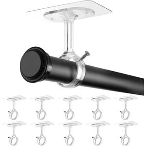 Ceiling Mount Curtain Rod Brackets, Adhesive Curtain Rod Holders No Drilling, Adjustable Curtain Rod Hooks Nail-Free Hanging for Poles of 0.5" -1.2" (10 Pack, Clear) (Transparent)