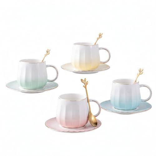 LGQ Ceramic Espresso Cups and Saucers Set of 4, 7oz Porcelain Cups for Coffee, Tea, Cappuccino and Various Drinks with Elegant Gold Rim(Multicolor)