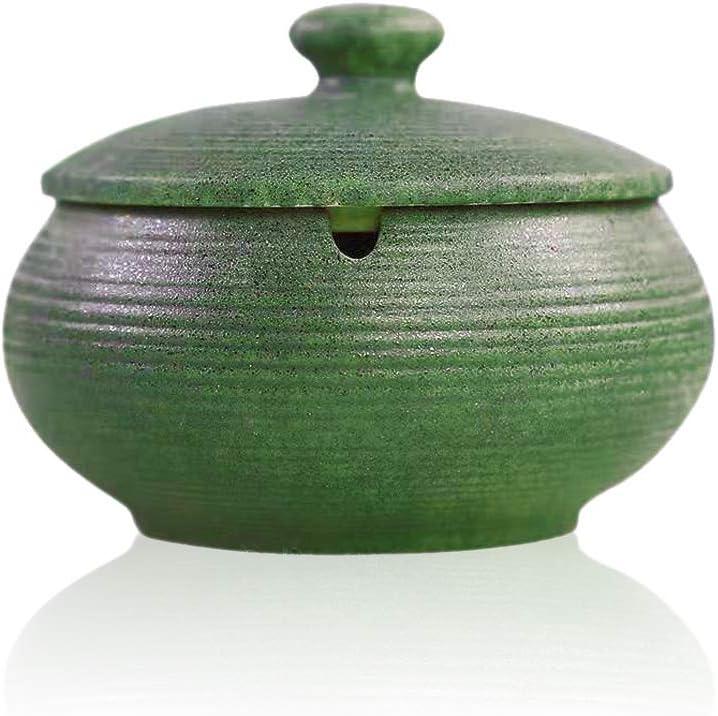 Lependor Ceramic Ashtray with Lid, Windproof, Ash Holder for Smokers, Desktop Smoking Ash Tray for Home Office Decoration - Dark Green