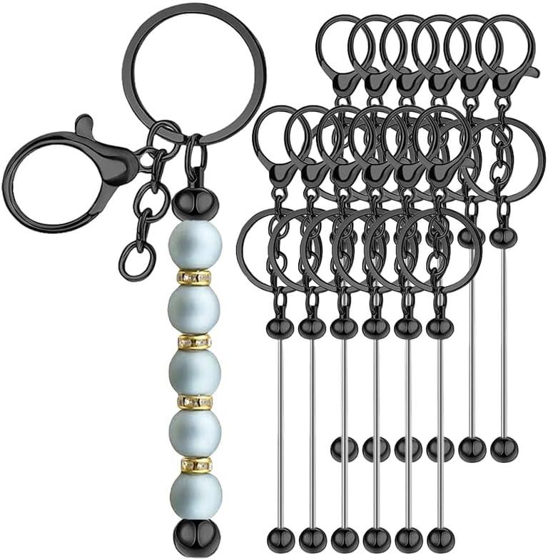 12Pcs Metal Beaded Keychains for Beads Beadable Keychain Bars Blanks Bead Keychain Bar for DIY Crafts Gift (Black)