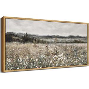 SHENIFY 20x40in Extra Large Vintage Framed Wall Art Meadow with Flowers Landscape Painting Retro Scenery Farmhouse Bedroom Above of Bed Living Room Decor - Natural Framed