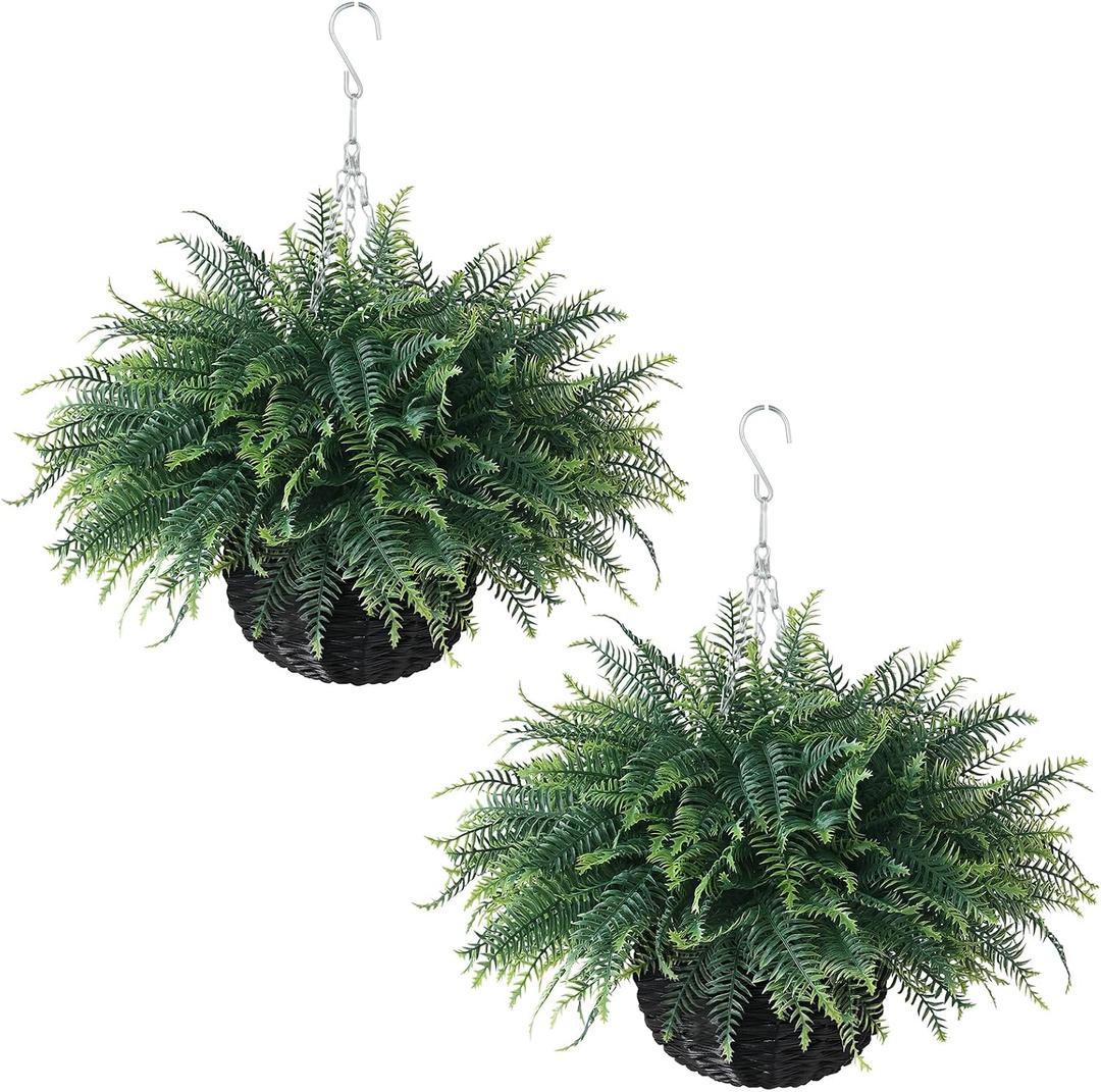 FOTEEWL Artificial Ferns Hanging Basket for Outdoor - 2 Sets Sun-Resistant Lifelike Plants Fake Fern Faux Greenery Bush for Porch, Home Garden, Farmhouse, Eaves, Yard Decor