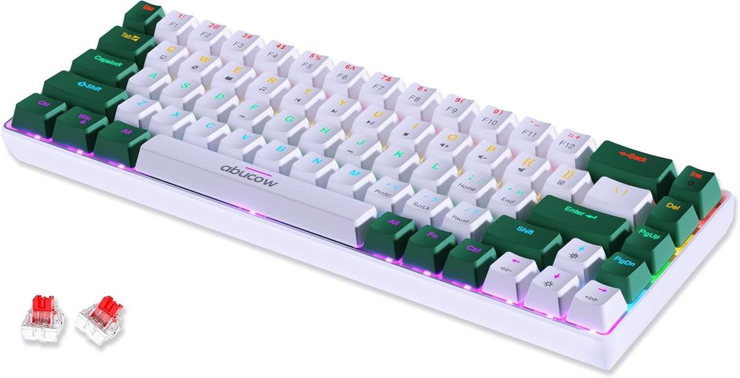 abucow 60% Mechanical Keyboard with Rainbow Backlight 68-Key Gaming Keyboard White-Green Keycaps - Red Switches for a Premium Typing and Gaming Experience PC Mac (White-Green)