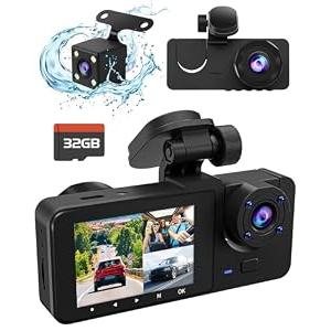 3 Channel Dash Cam, 4K+1080P Dash Cam Front and Rear Inside, Dash Camera for Cars, Triple Car Camera with 32GB Card, Built-in G-Sensor, 2’’ IPS Display Car Camera, Loop Recording, 24Hr Parking