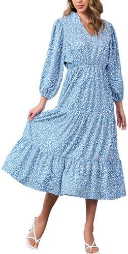 Moss Rose Womens Spring Summer Maxi Dresses V Neck 3/4 Sleeve Floral Flowy Swing Boho Long Dress, Extra Large , Blue 