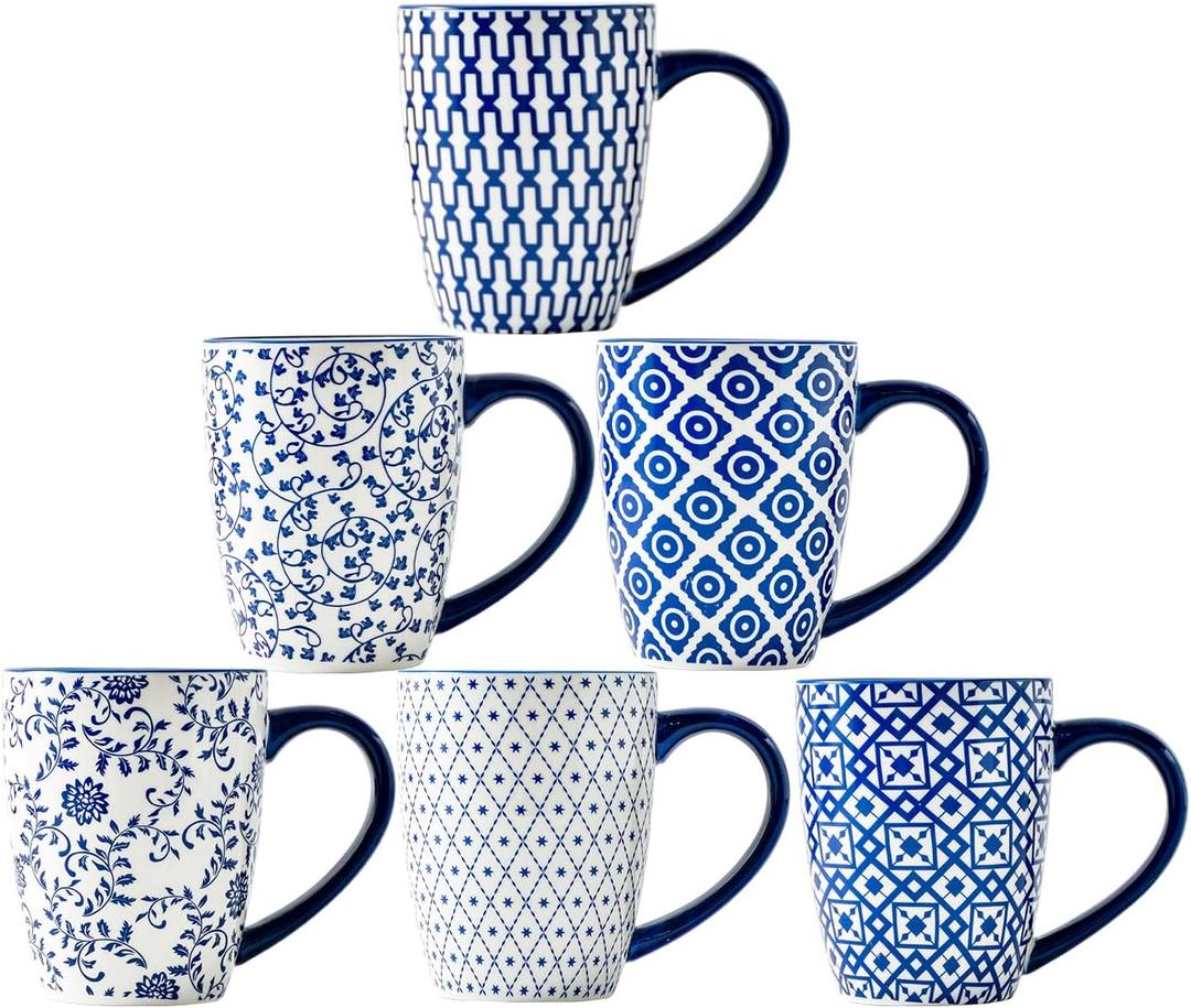 Ceramic Coffee Mugs Set - 16 Oz Large Porcelain Tea Cups with Handle for Men Women Latte Cocoa Cappuccino - Christmas Housewarming Gift - Dishwasher Safe - Set of 6 - Vintage Blue