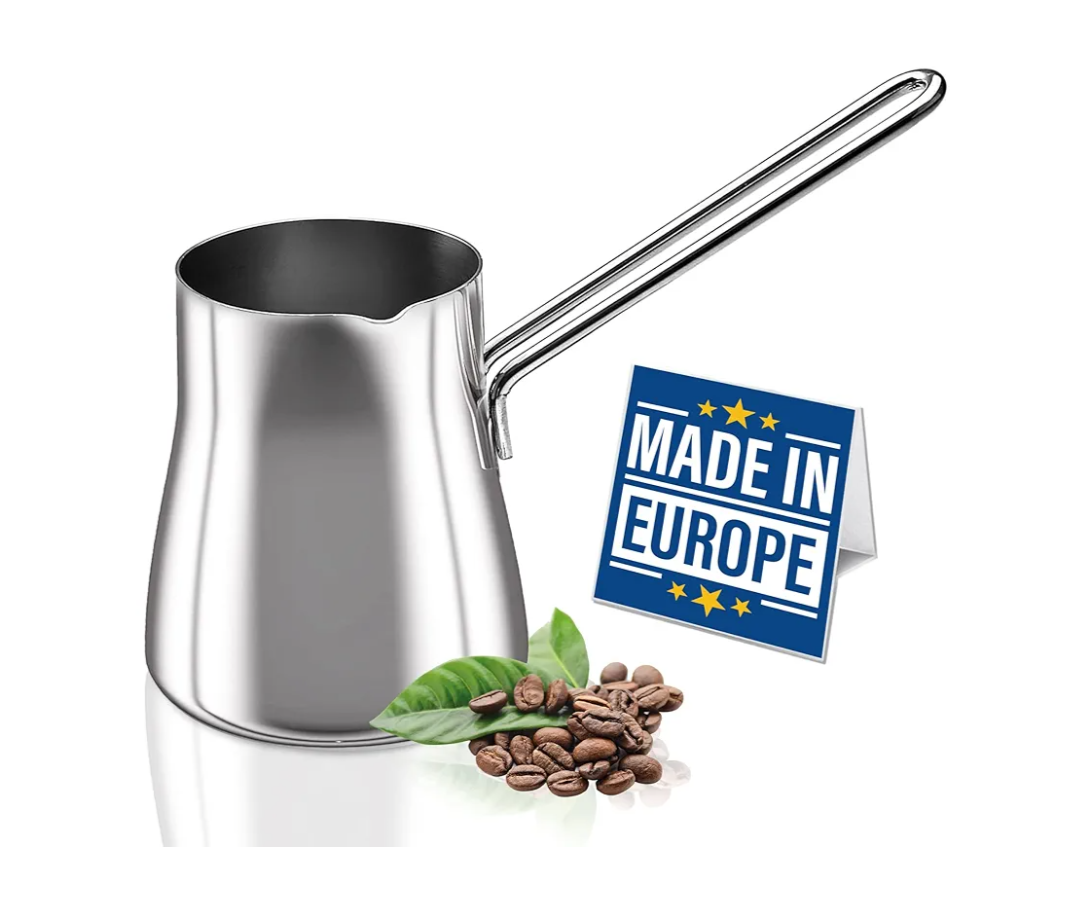 Crystalia Turkish Coffee Pot 18/10 Stainless Steel, Stove Top Tea Maker, Milk Warmer, Greek Arabic Coffee Cezve Briki, 15 oz (Silver, Small)