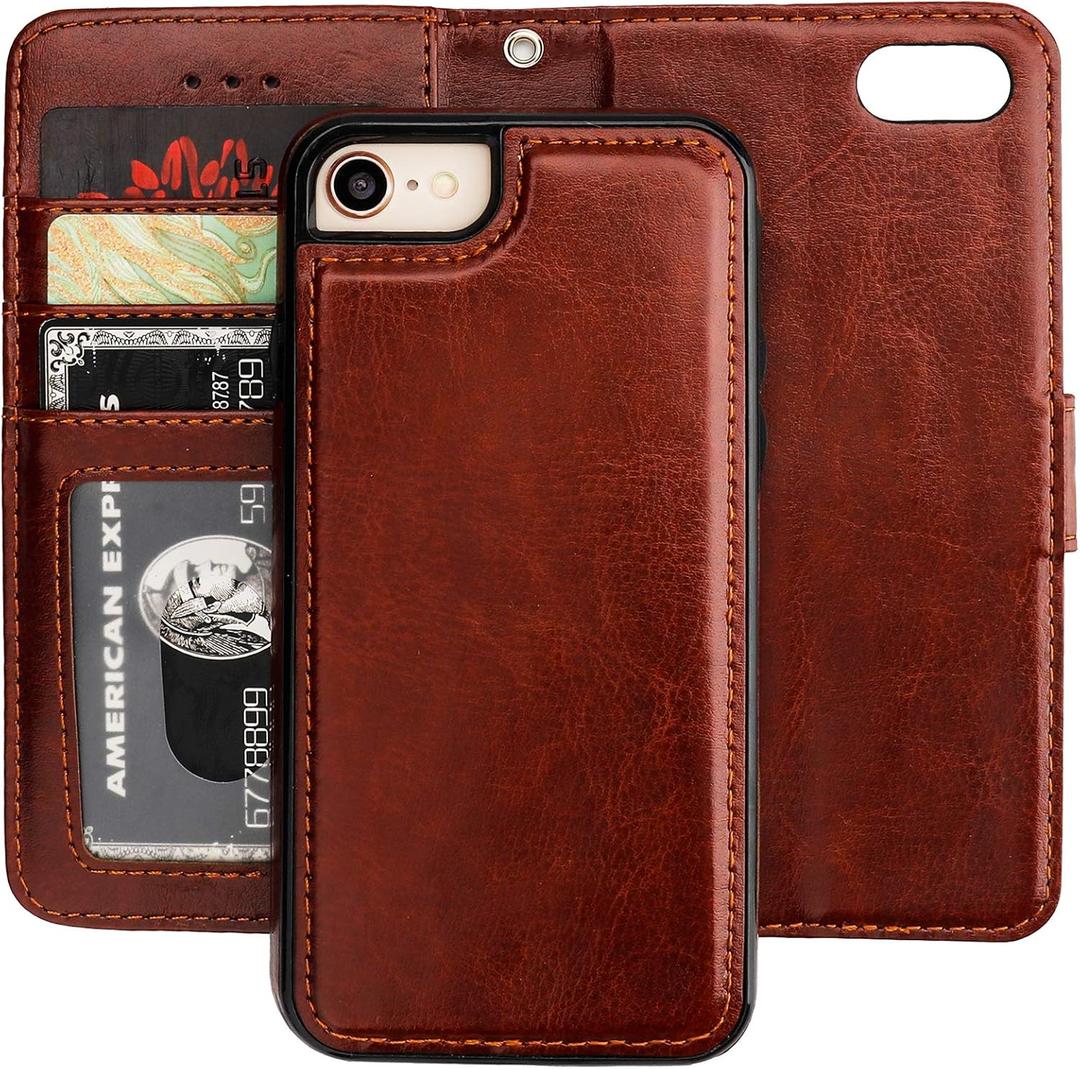 Bocasal for iPhone SE (2022)/SE (2020)/8/7 Wallet Case with Card Holder PU Leather Magnetic Detachable Kickstand Shockproof Wrist Strap Removable Flip Cover for iPhone 7/8/SE2/SE3 4.7 inch (Brown)