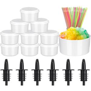 Reallnaive Shaved Ice Supplies 10 Pcs Hawaiian Freezer Molds with Lids 6 Pcs Syrup Bottle Pourers 50 Spoon Straws for Snow Cone & Drink Flavors for Kitchen Family Shaved Ice Making