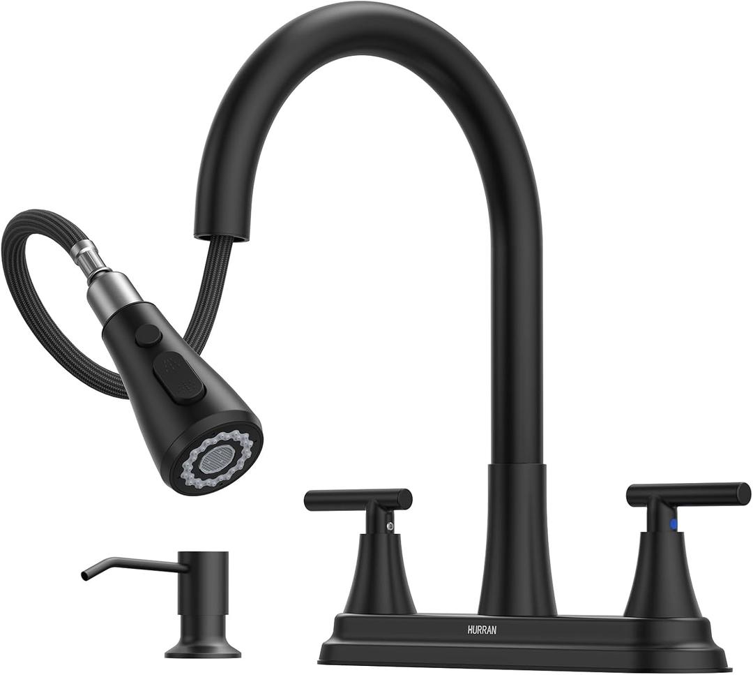 Hurran 8-Inch 2 Handle Pull Down Kitchen Faucet with Soap Dispenser, High Arc 2-in-1 Spray/Stream Stainless Steel Kitchen Sink Faucet for 3-4 Hole Widespread Installation, Matte Black