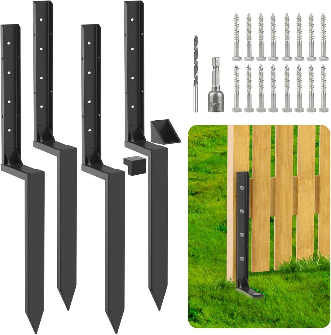 4 Pack Reinforced Fence Post Repair Kit - 41 Inch, Black Stainless Steel Garden Stakes with Reinforced Corner Brackets and Anti-Rust Coating