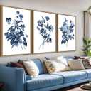 Large Framed Canvas Wall Art - Natural Float Framed Indigo Flowers Picturtes for Living Room Decor Retro Blue Floral Botanical Artwork Plants for Bedroom Kitchen Home Office Decor 72" X 36" Set of 3