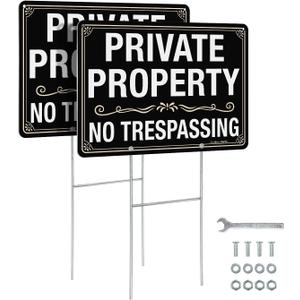 GicnKeuz Large No Trespassing Signs Private Property Sign with H-stakes, 14"10" Aluminum Sign, Including Screws, Fade Resistant/Waterproof, Easy to Install, Outdoor Use (2 Pack)