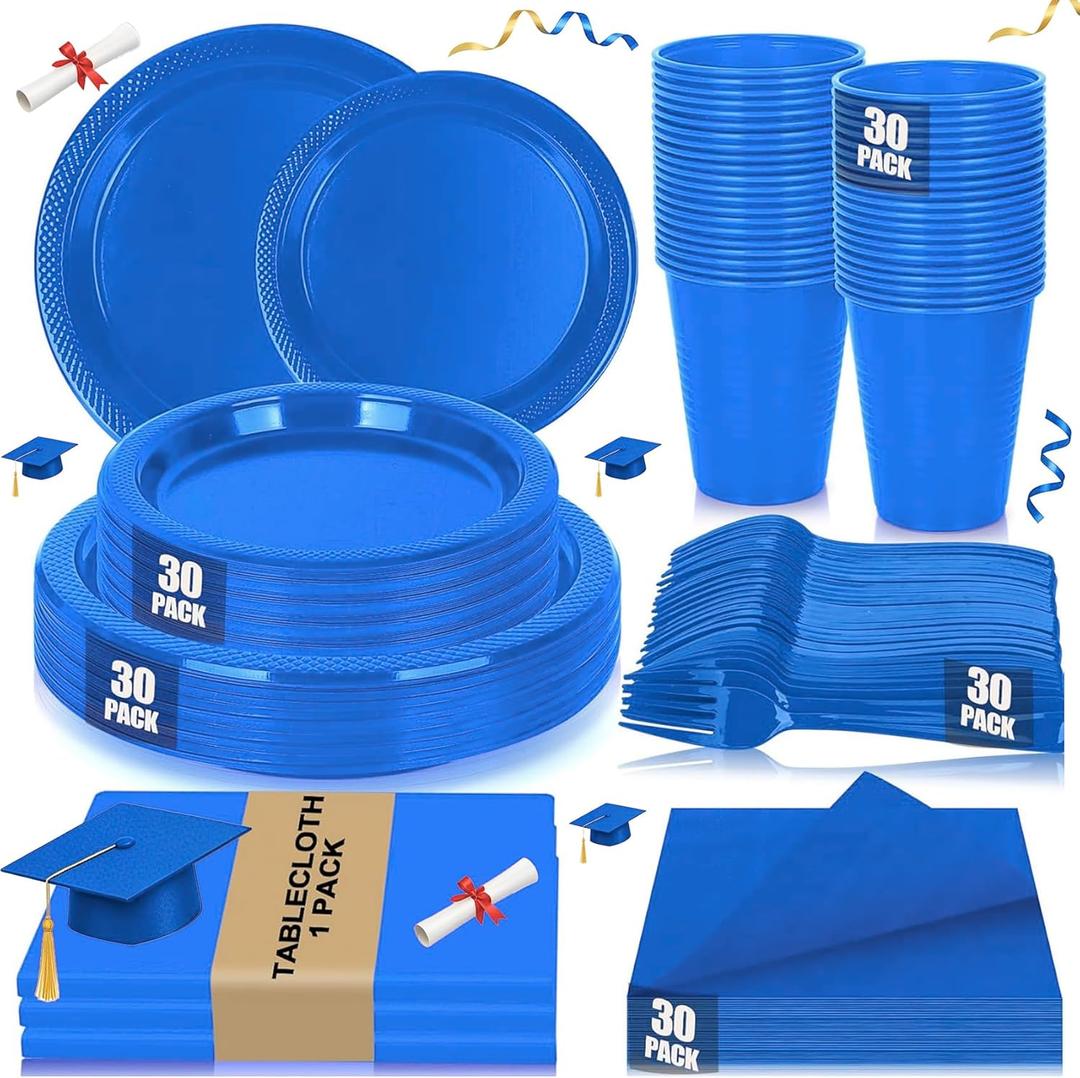 Blue Plastic Plates for Party,30 Guest Disposable Plastic Plate Set 9" Plates,7" Dessert Plates,Napkins,12 oz Cups,Forks & Tablecloth for Birthday,Graduation,Picnic,Father's Day Party