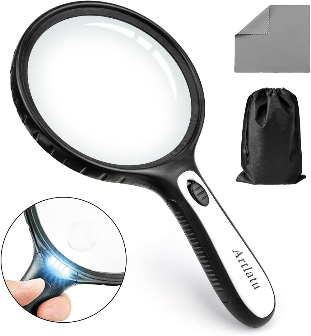 Magnifying Glass with Ligh, 4 Led for Shatterproof Handheld Reading Magnifier 15x and 30x Magnification, Compact and Lightweight Suitable for Elderly Read, Free Storage Bag, Cleaning Cloth (Black)