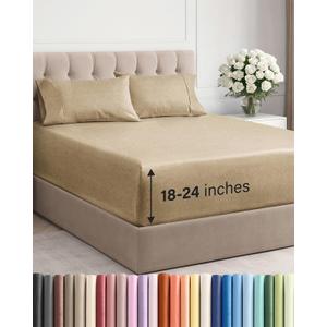 Extra Deep Pocket King Sheets - 4 Piece Breathable & Cooling Bed Sheets - Hotel Luxury Bed Sheet Set - Soft, Wrinkle Free & Comfy - Easily Fits Extra Deep Mattresses - Deep Pocket Heathered Tan Sheets