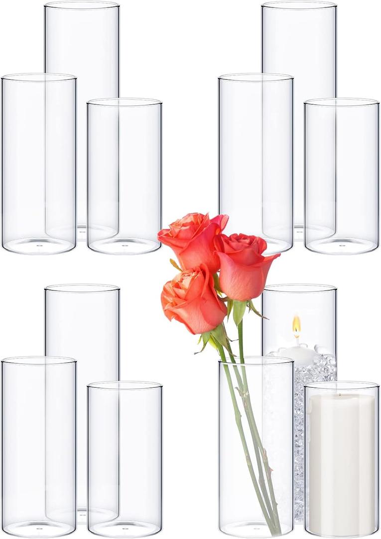 Didaey 12 Pcs Cylinder Vases Set for Centerpieces 3.4''Diameter 4/5/6/7/8/10 Inch Tall Clear Glass Vase Hurricane Floating Candle Holder for Table Decoration (6'',8'',10'' Tall)