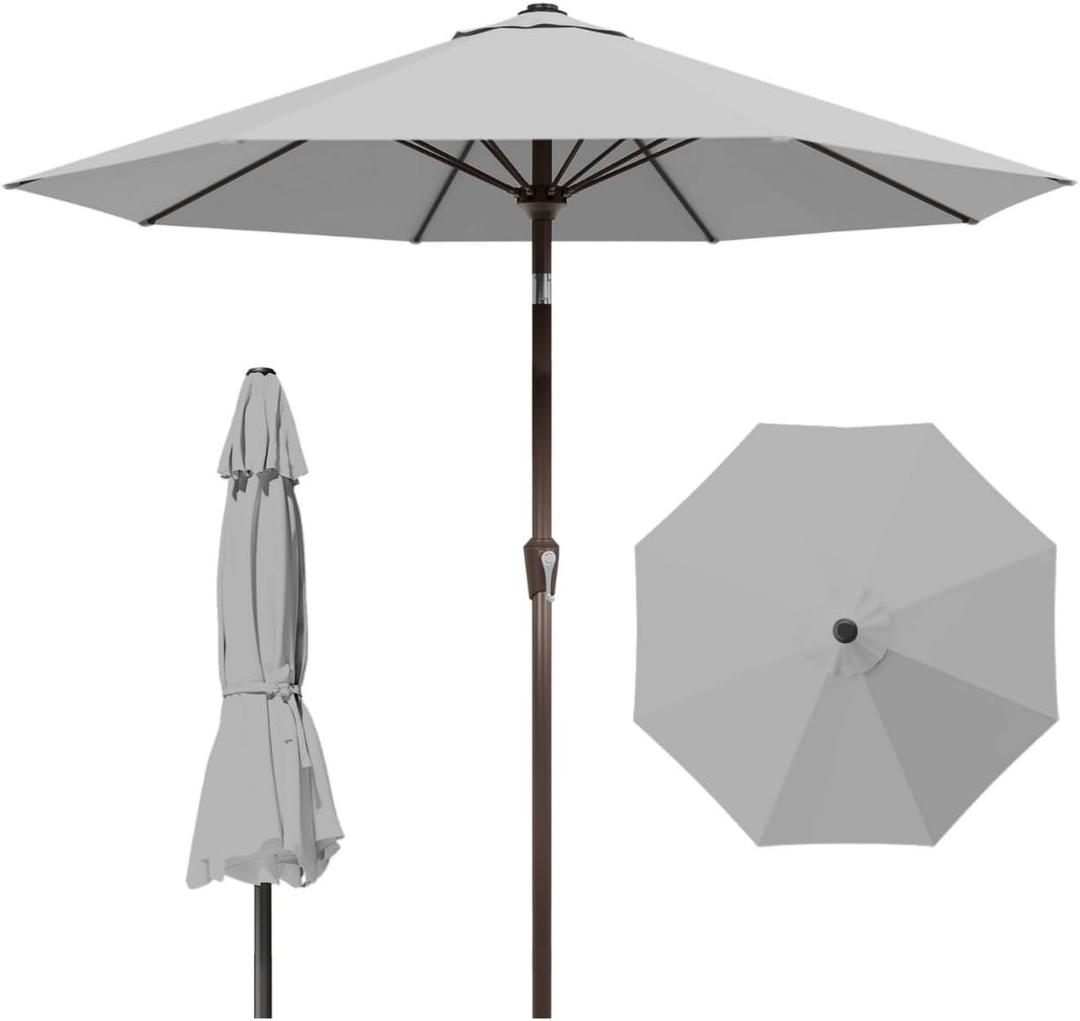 10FT Patio Umbrella Outdoor Market Umbrella with Crank and Tilt, 8 Flexible Fiberglass Ribs, UV-Resistant Waterproof Canopy for Patio, Deck, Garden, Backyard, Light Gray