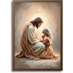 Jesus Praying with Girl Wall Art Christian Canvas Paintings Jesus with Children Wall Decor Religious Bible Story Posters Prints for Living Bedroom Room Church Home Pictures Decoration Unframe (12"L x 16"W)