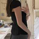 Women's Button Up Shirt Slim Fitted Cap Sleeve V Neck Top Y2k Coquette Button Down Shirt (Black, S)
