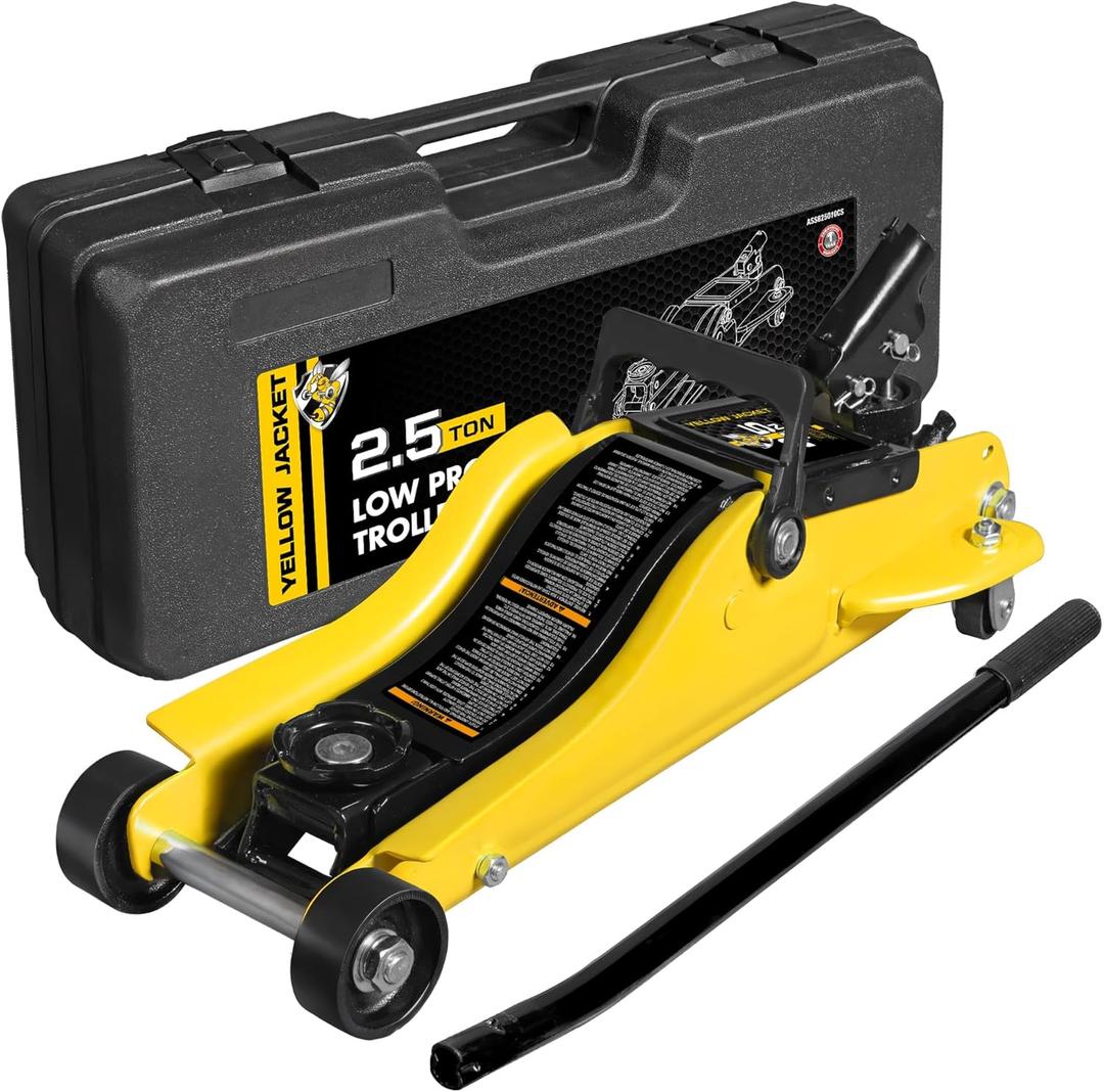 YELLOW JACKET 2.5 Ton Trolley Jack with Carrying Case Hydraulic Low Profile Floor Jack for Cars Lift with Single Piston Lift Pump, 5500 lb Capacity (Steel)