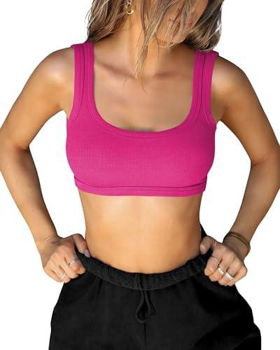 XUNYU Square Neck Tank Top for Women Ribbed Padded Crop Top with Built in Bra U Back Sexy Going Out Tops Basic Casual Summer (White)