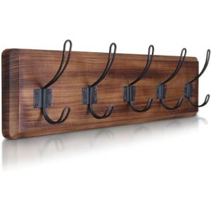 HBCY Creations Dark Wash Brown Rustic Coat Rack Wall Mount with 5 Hooks, Solid Pine Wood 24 inch Wall Hooks for Entryway, Mudroom, Hallway, Bathroom - Vintage Farmhouse Style Wall Mounted Towel Rack