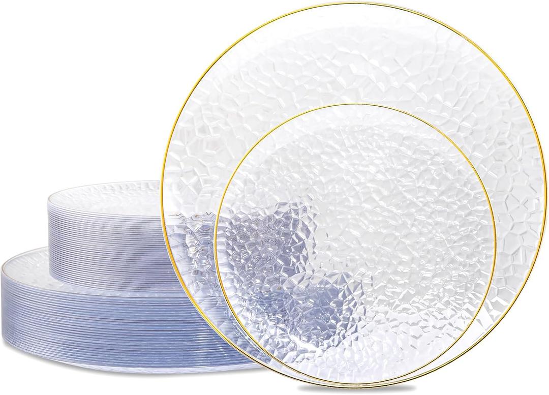 Hioasis 60pcs Clear Plastic Plates - Gold Rimmed Disposable, Hammered, Heavy-duty Dinnerware Set Suitable for 30 Guests, 10.25" Dinner & 7.5" Dessert Plates for Party & Wedding
