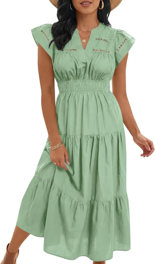 Wenrine Womens Dresses 2026 Summer V-Neck Ruffle Cap Sleeve Empire Waist Flowy Beach Midi Maxi Dress with Pockets (Green, S)