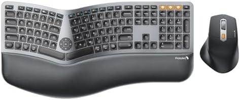 ProtoArc Ergonomic Full Size Wireless Bluetooth Ergo Keyboard, Cushioned Palm Rest, Split Design, Rechargeable, Compatible for Windows, Mac OS - Gray and Black