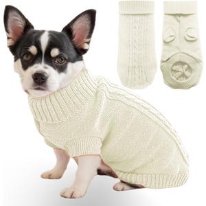 Small Dog Sweater with Hind Leg Straps & Knit Turtleneck, Winter Warm Dog Clothes for Small Dogs and Cats, Pet Sweater for Bulldog, Chihuahua, Yorkie, Pug, Kitten (White Dog Sweater, Large)