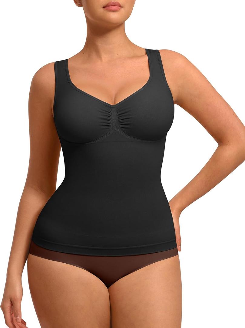 FeelinGirl Women Tank Tops Shapewear: Tummy Control Compression Tank V Neck Seamless Body Shaper Camisole Tops for Women (Medium, Black)