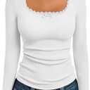 Trendy Queen Womens Long Sleeve Shirts Crop Square Neck Ribbed Tops Basic Slim Fit Y2K Fall Winter Clothes Outfits 2026 (White, XS)