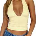ForeFair Women Sexy Halter Deep V Neck Backless Crop Tank Top Open Back Sleeveless Slim Fit Y2k Summer Tops (Small, Light Yellow)