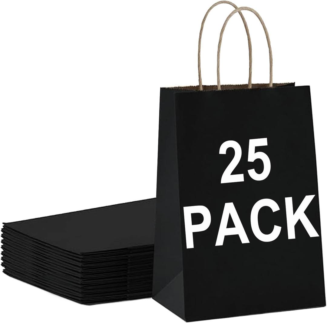 2 x BAG BOX 25 Pack Small 5.9x3.1x8.25 Inch Black Kraft Paper Gift Bags with Handles for Bulk Shopping, Retail, Craft, Party Favors, Wedding, Grocery & Sacks