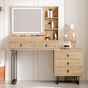Large Vanity Desk with 3 Color Touch Screen Dimming Mirror, Vanity Desk with Charging Station, Modern Retractable Makeup Dressing Table, Makeup Table With storage shelves and 5 Sliding Drawers, Oak, 15.75D*35.43-50W*52.76H