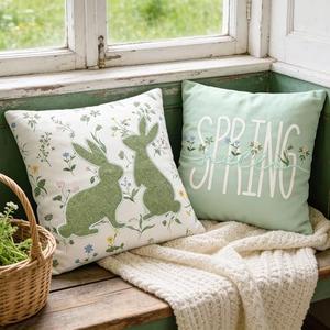 DN DECONATION Easter Pillow Covers 18x18 Inch, Spring Bunny Throw Pillow Covers Set of 2, Farmhouse Decorative Pillows Case for Couch, Sofa, Living Room, Easter Cute Home Green Decor