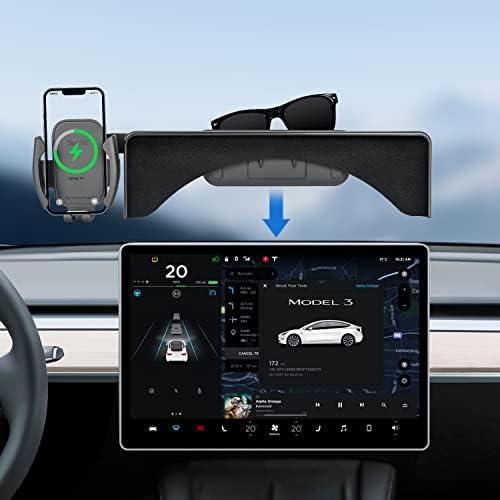 Topfit for Tesla Model 3 Y Monitor Magnetic Phone Mount and Sunglasses case Fixed Clip Safety Car Cell Phone Holder Stand for Tesla Accessories 2017-2024