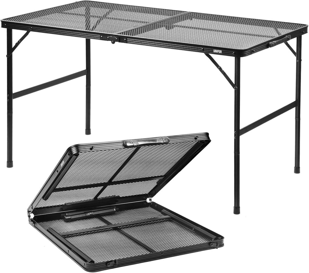 Folding Grill Table: 4x2 Ft Portable Camping Table, Lightweight Height Adjustable Metal Table with Mesh Desktop and Carrying Handle, Outdoor Table for Camping, Picnic, Beach and BBQ, 47.2"D x 23.6"W x 26"H