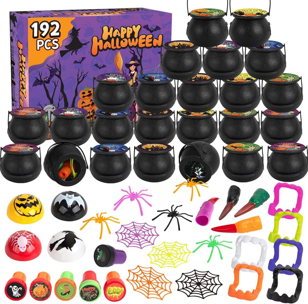 24 Pack Prefilled Plastic Witch Cauldron Toys for Halloween Party,192 PCS Halloween Party Favors for Kid as School Classroom Prizes & Trick or Treats Gifts