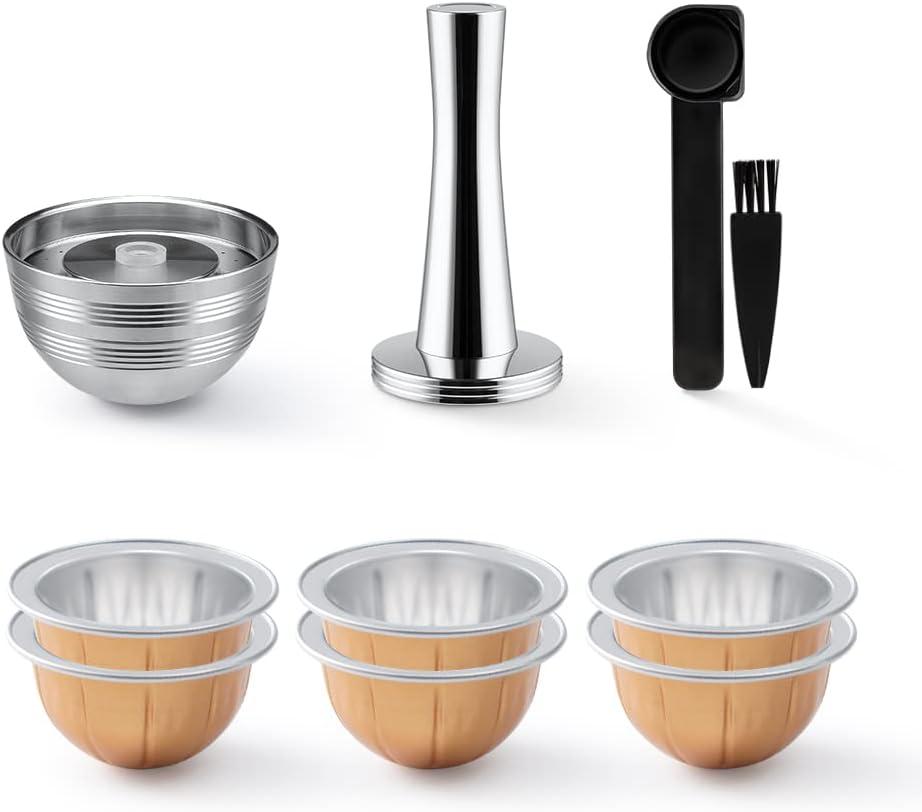 Stainless Steel Reusable Vertuo Capsule ONLY For VERTUOLINE NEXT+EMPTY Refillable Alumium VERTUOLINE Pods-80+150+230ml Each 2 Pcs + 1Pcs Coffee Capsule Tamper For Nespresso Vertuo Next Reusable Pods