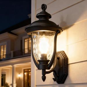 Wall Mounted Outdoor Light Fixtures,Water Ripple Glass Outdoor Lights,18.7Inch Exterior Light Fixtures Wall Mount,Vintage Style Waterproof Black Porch Light Outside Lights For House,Front Porch