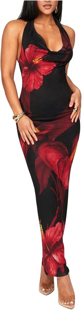SOLY HUX Women's Floral Halter Maxi Dress Draped Cowl Neck Backless Bodycon Wedding Guest Party Mesh Cocktail Long Dresses