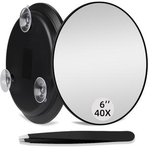 40X High Power Magnifying Mirror, 6inch Large Round Concave Travel Mirror with 3 Suction Cups Mounting, Powerful 40x Makeup Magnification with Tweezers Set