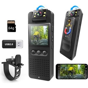 Body Cam, Mini Action Sports Camera Video Camcorder with Magnetic Back Clip& Bike Bracket, Color Night Vision,16MP Photoshoot, 64GB TF Card, POV Body Cameras Helmet Camera for Bike Traveling