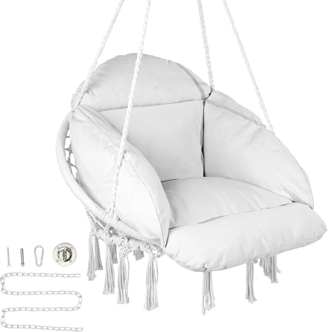 VEVOR Hanging Hammock Swing Chair, Macram Hanging Chair with Cushion and Mounting Hardware, Cotton Rope Swing Chair for Bedroom, Balcony, Patio, Garden, 264 lbs Capacity, White