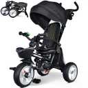 RIDYEE 7-in-1 Folding Toddler Tricycle for 18 Months to 5 Years, Tricycle Stroller with Dual Brakes, All-Terrian Rubber Tire, Tricycle for Toddlers with Rotatable Seat, Adjustable Push Handle, Black, 42.52 inches x 20.28 inches x 42.52 inches
