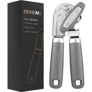Beneno Can Opener Manual with Magnet, Hand Held Heavy Duty Can Opener with Durable Sharp Blade Smooth Edge, Big Effort-Saving Knob, Soft Grip Rubber Handle, Multifunctional Bottle Opener, Gray