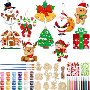 Realspring Christmas Wooden Painting Craft Kit Paint Your Own Xmas Tree Ornaments Santa Snowman Wood Slices Christmas Crafts Set for Holiday Winter Party Decorations Supplies