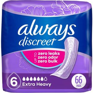 Always Discreet Adult Incontinence Pads for Women, Extra Heavy Absorbency, Regular Length, Postpartum Pads, Up to 100% Bladder Leak Protection, 33 Count x 2 Packs (66 Count Total) (Packaging May Vary)